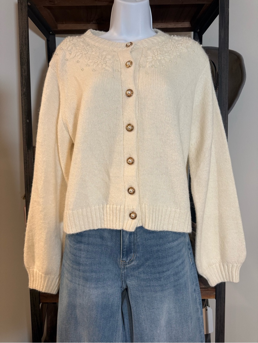 POL Cream Embellished Button-Up Cardigan